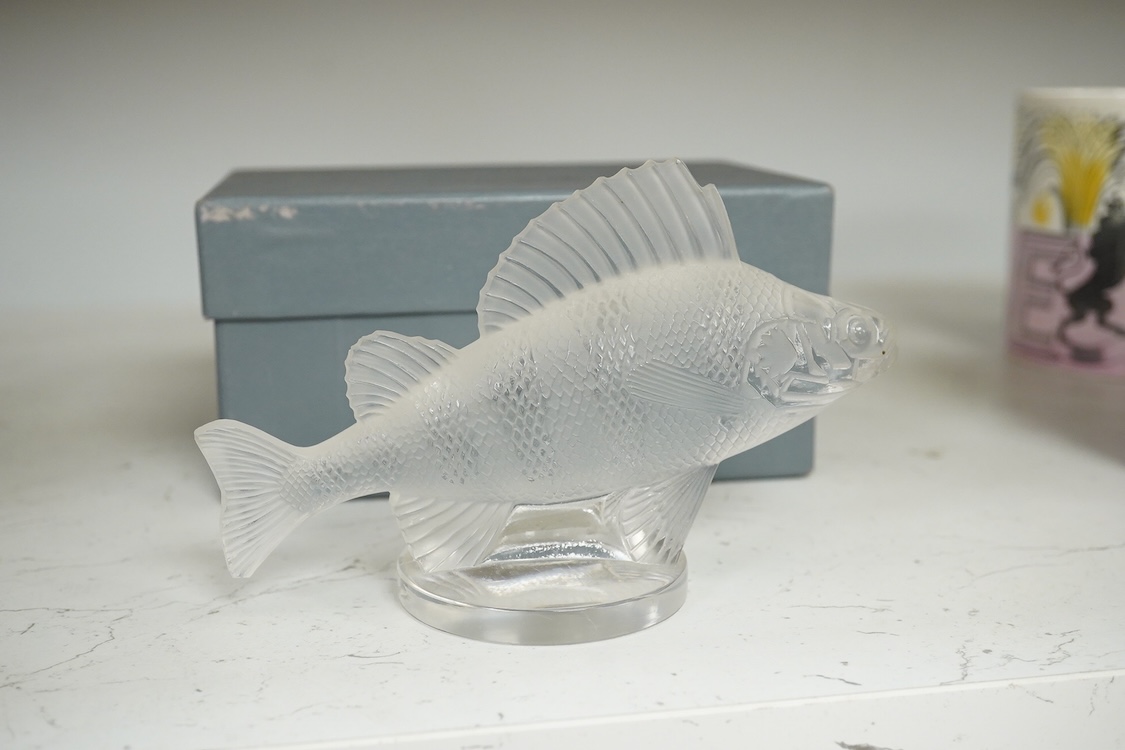 A Lalique glass perch fish car mascot, with original box, 17cm wide